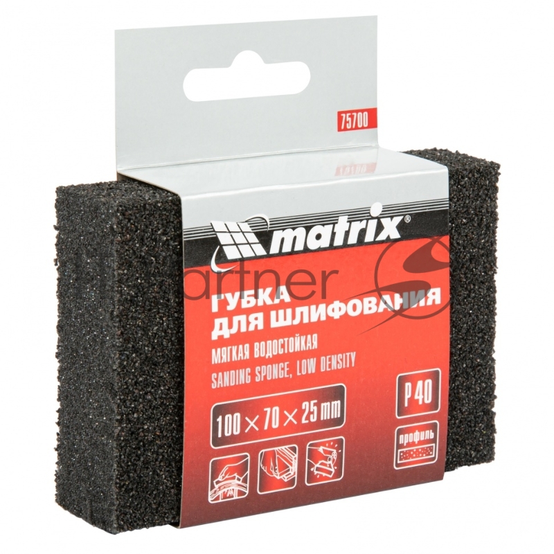 Губка для шлифования, 100 х 70 х 25 мм, мягкая, P 40// Matrix
