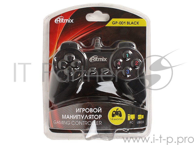 Геймпад RITMIX GP-001 Black для ПК, USB, 14 кнопок, кабель 1,5м