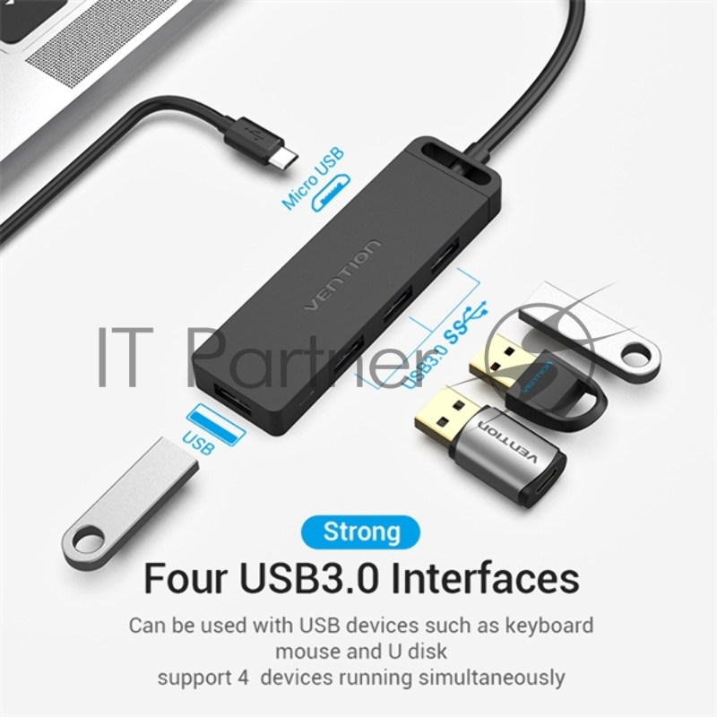 Хаб Vention Type-C to 4-Port USB 3.0 Hub with Power Supply Black 0.15M ABS Type