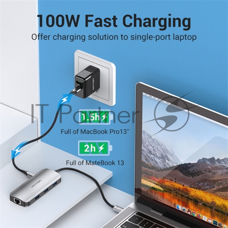 Хаб Vention USB-C to HDMI/USB 3.0x3/RJ45/PD Docking Station 0.15M Gray Aluminum Alloy Type