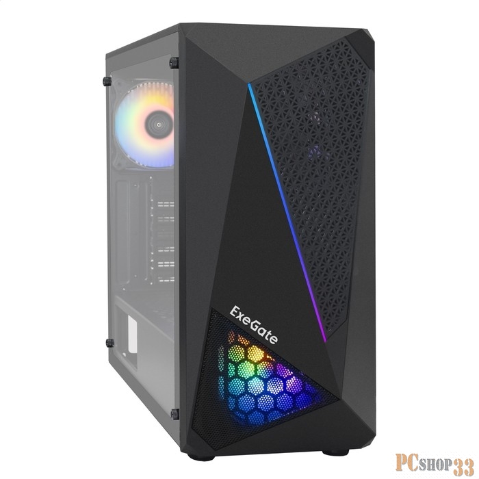 Корпус Miditower ExeGate EVO-8225-NPX500 (ATX, БП 500NPX с вент. 12см, 2*USB+1*USB3.0, черный, 2 вент. с RGB подсветкой и полоса на передней панели, боковая панель - закаленное стекло)