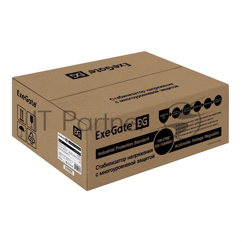 Стабилизатор напряжения ExeGate Master AV-10000 (10000ВА, 140-260В, цветной дисплей, 220В±8%, КПД 98%, 5 уровней защиты, задержка, усиленный метал.корпус, клем.колодка+евророзетка, RTL)