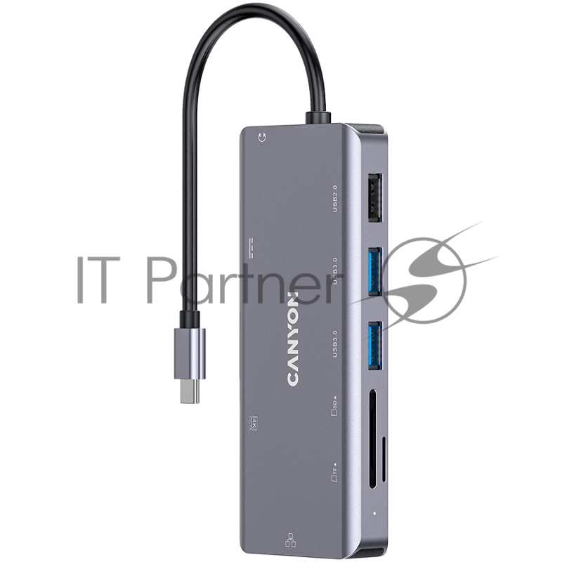 Мультипортовый хаб CANYON 9 in 1 USB C hub, with 1*HDMI: 4K*30Hz,1*Gigabit Ethernet,, 1*Type-C PD charging port, Max 100W PD input. 2*USB3.0,transfer speed up to 5Gbps. 1*USB 2.0, 1*SD, 1*3.5mm audio jack, cable 18cm, Aluminum alloy housing115*46*15