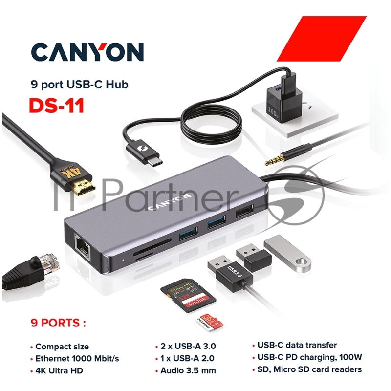 Мультипортовый хаб CANYON 9 in 1 USB C hub, with 1*HDMI: 4K*30Hz,1*Gigabit Ethernet,, 1*Type-C PD charging port, Max 100W PD input. 2*USB3.0,transfer speed up to 5Gbps. 1*USB 2.0, 1*SD, 1*3.5mm audio jack, cable 18cm, Aluminum alloy housing115*46*15