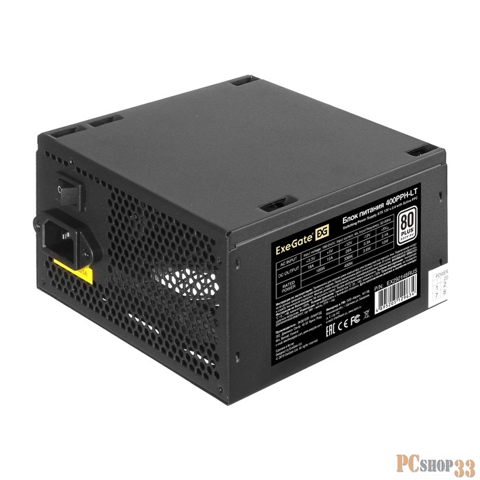 Блок питания 400W ExeGate 80 PLUS® 400PPH-LT (ATX, APFC, SC, КПД 82% (80 PLUS), 12cm fan, 24pin, (4+4)pin, PCIe, 5xSATA, 3xIDE, кабель 220V с защитой от выдергивания, black, Color Box)