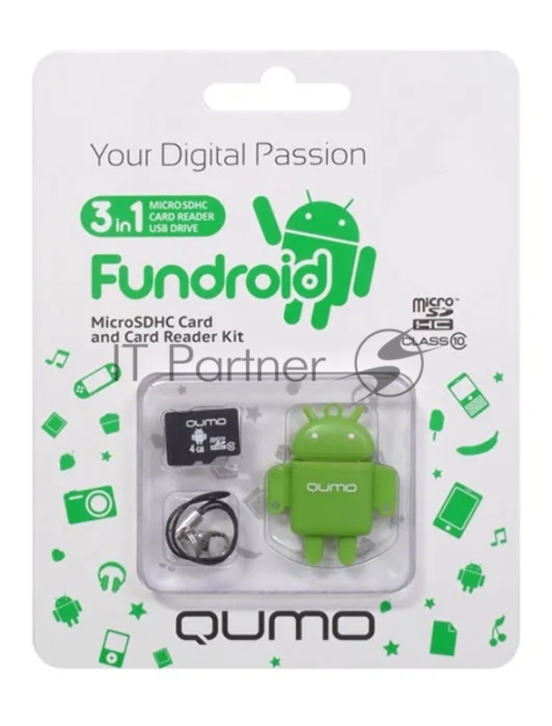 Карта памяти Micro SecureDigital 32Gb QUMO QM32GCR-MSD10-FD-GRN {MicroSDHC Class 10, USB картридер, Green}