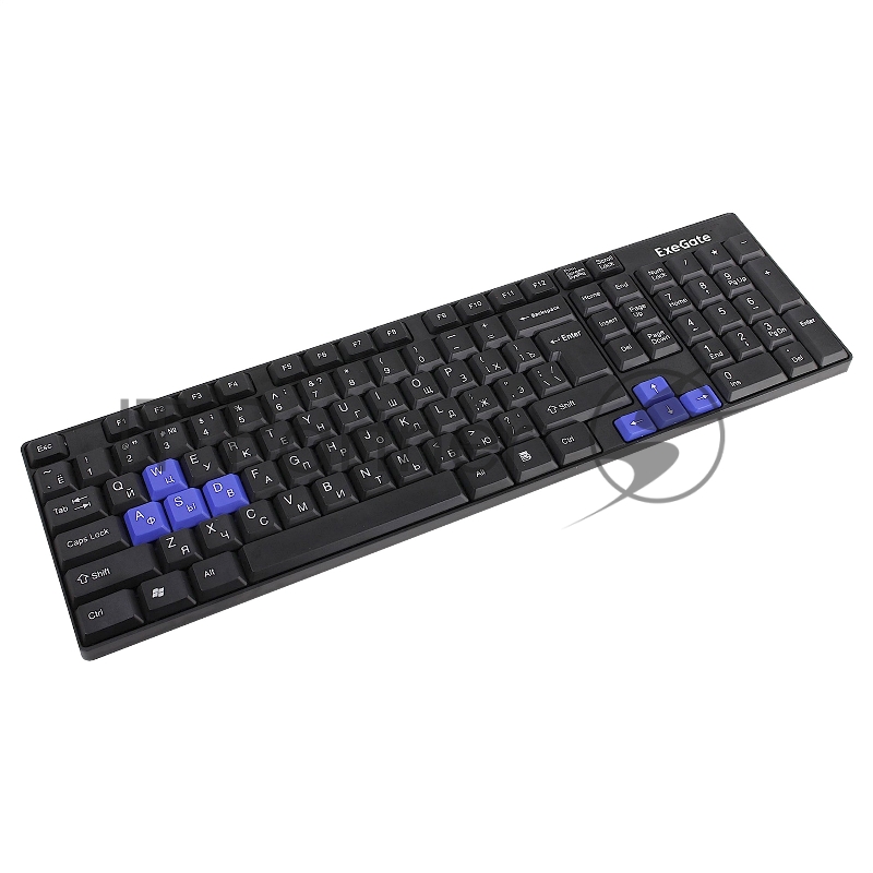 Клавиатура ExeGate Professional Standard LY-402N (USB, полноразмерная, влагозащищенная, 102кл., Enter большой, 8 голубых клавиш, длина кабеля 1,35м, черная, Color Box)