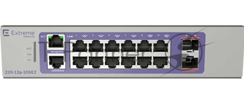 Коммутатор Extreme 220-Series 12 port 10/100/1000BASE-T PoE+, 2 10GbE unpopulated SFP+ ports, 1 Fixed AC PSU, L2 Switching with RIP and Static Routes, 1 country-specific power cord