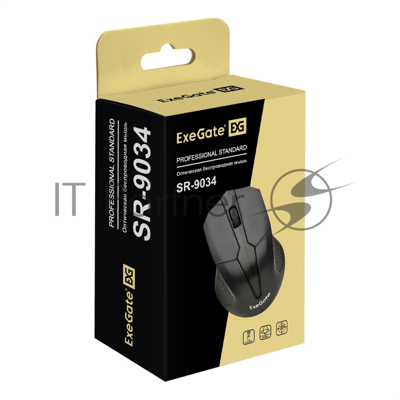 Беспроводная мышь ExeGate Professional Standard SR-9034 (радиоканал 2,4 ГГц, USB, оптическая, 800/1200/1600dpi, 4 кнопки и колесо прокрутки, черная, Color Box)