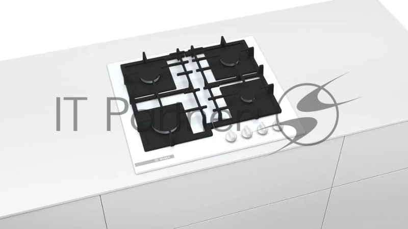 Газовая варочная панель BOSCH PNP6B2O92R 60 cm Закаленное стекло, Белый, 4 конфорки, чугунные решетки, цилиндрические ручки, газ контроль, Размеры прибора (В х Ш х Г) 56 x 590 x 520 мм