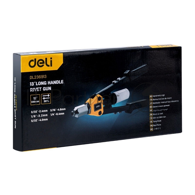 Двуручный заклепочник Deli DL236913 13 Носовая часть из хромомолибденовой стали. носовая часть: 2,4–3,2–4,0–4,8–6,4 мм. Сменные насадки.