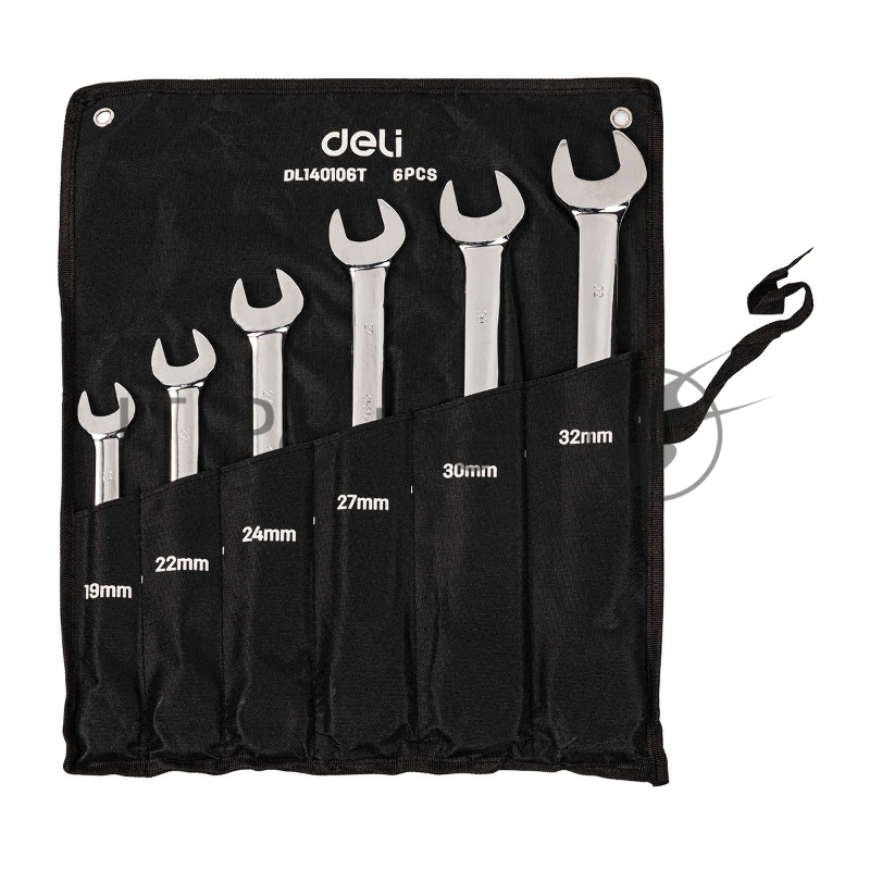 Набор комбинированных ключей с трещоткой 6 шт Deli DL140106T Спецификация: 19,22,24,27,30,32мм. Сталь 40 Cr. Трещотка 50BV30 72Т. Чехол из ткани Oxford