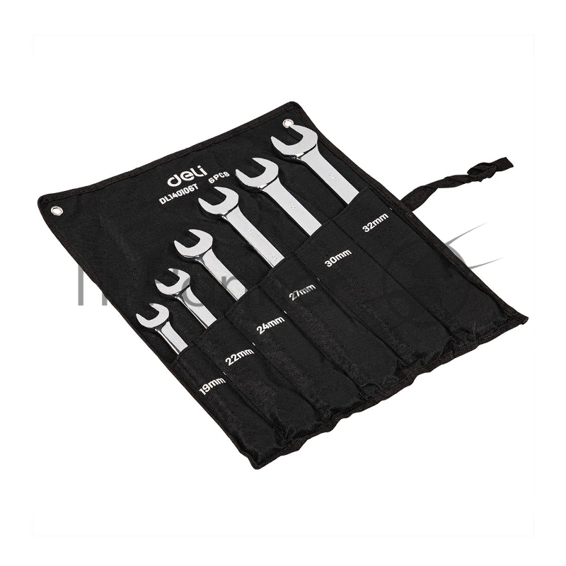 Набор комбинированных ключей с трещоткой 6 шт Deli DL140106T Спецификация: 19,22,24,27,30,32мм. Сталь 40 Cr. Трещотка 50BV30 72Т. Чехол из ткани Oxford