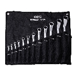 Набор накидных изогнутых гаечных ключей 12 шт Deli DL150012A Спецификация: 6x7, 8x9, 10x11, 12x13, 14x15, 16x17, 18x19, 20x22, 21х23, 24х27, 25х28, 30х32. Матовая хромированная поверхность. Чехол из ткани Oxford.