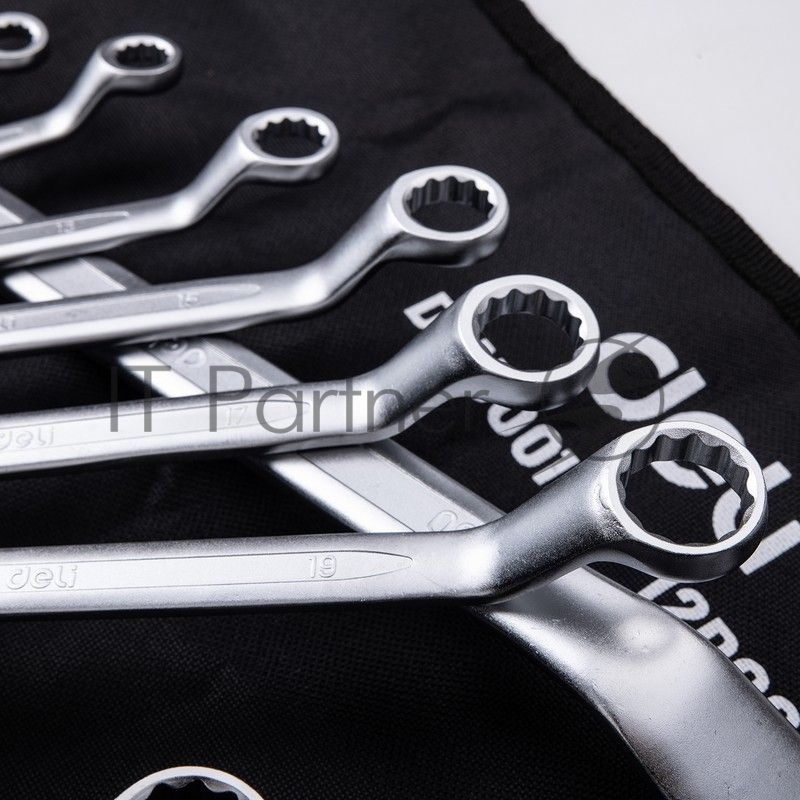 Набор накидных изогнутых гаечных ключей 12 шт Deli DL150012A Спецификация: 6x7, 8x9, 10x11, 12x13, 14x15, 16x17, 18x19, 20x22, 21х23, 24х27, 25х28, 30х32. Матовая хромированная поверхность. Чехол из ткани Oxford.