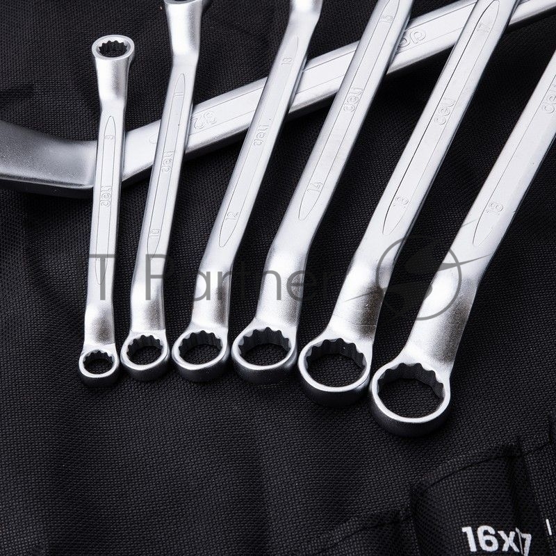 Набор накидных изогнутых гаечных ключей 12 шт Deli DL150012A Спецификация: 6x7, 8x9, 10x11, 12x13, 14x15, 16x17, 18x19, 20x22, 21х23, 24х27, 25х28, 30х32. Матовая хромированная поверхность. Чехол из ткани Oxford.