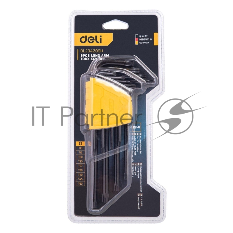 Набор шестигранных ключей TORX удлиненных Deli DL234209H 9 шт Материал CR-V. Спецификация: T10,T15,T20,T25,T27,T30,T40,T4 пластиковый держатель
