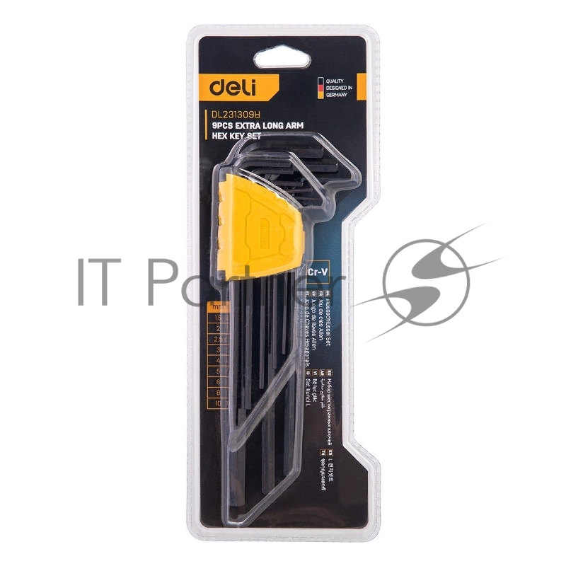 Набор шестигранных ключей сверхдлинных Deli DL231309H 9 шт Материал CR-V. Спецификация: 1,5,2,2,5,3,4,5,6,8,10мм, пластиковый держатель