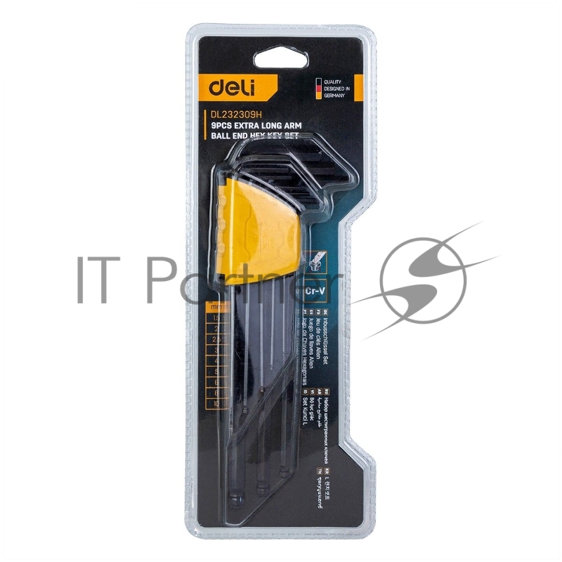 Набор шестигранных ключей с шаром сверхдлинных Deli DL232309H 9 шт Материал CR-V. Спецификация: 1,5,2,2,5,3,4,5,6,8,10мм, пластиковый держатель