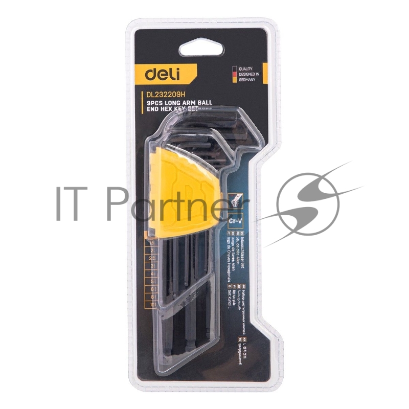 Набор шестигранных ключей с шаром удлиненных Deli DL232209H 9 шт Материал CR-V. Спецификация: 1,5,2,2,5,3,4,5,6,8,10мм, пластиковый держатель