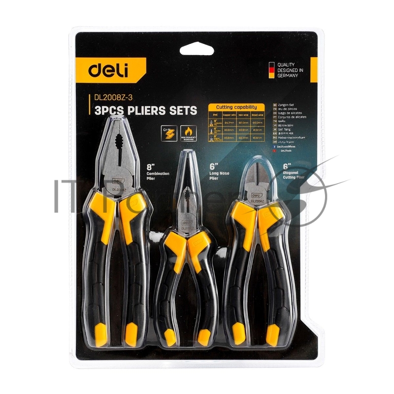 Набор плоскогубцев Deli DL2008Z-3 8-дюймовые комбинированные плоскогубцы, 6-дюймовые длинногубцы, 6-дюймовые диагональные плоскогубцы. Высокоуглеродистая сталь. Двухкомпонентная ручка