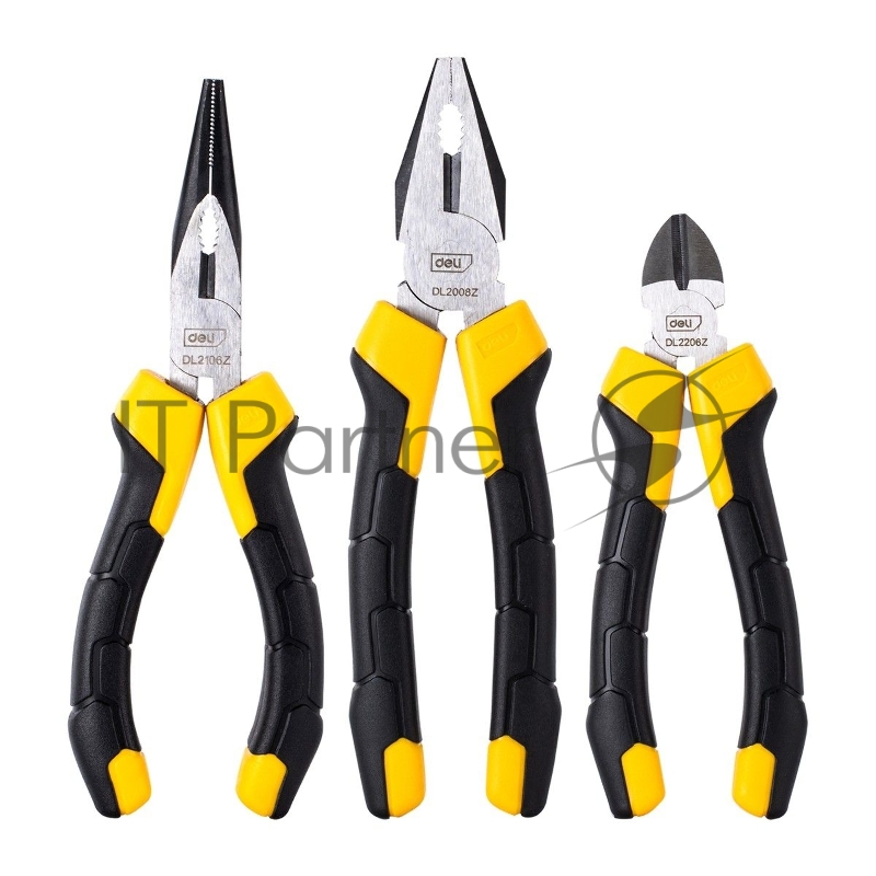 Набор плоскогубцев Deli DL2008Z-3 8-дюймовые комбинированные плоскогубцы, 6-дюймовые длинногубцы, 6-дюймовые диагональные плоскогубцы. Высокоуглеродистая сталь. Двухкомпонентная ручка