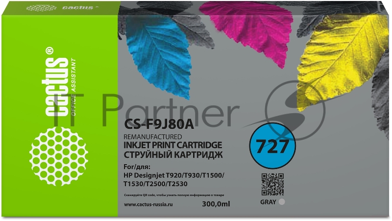 Картридж струйный Cactus CS-F9J80A 727 серый (300мл) для HP Designjet T920/T930/T1500/T1530/T2500/T2
