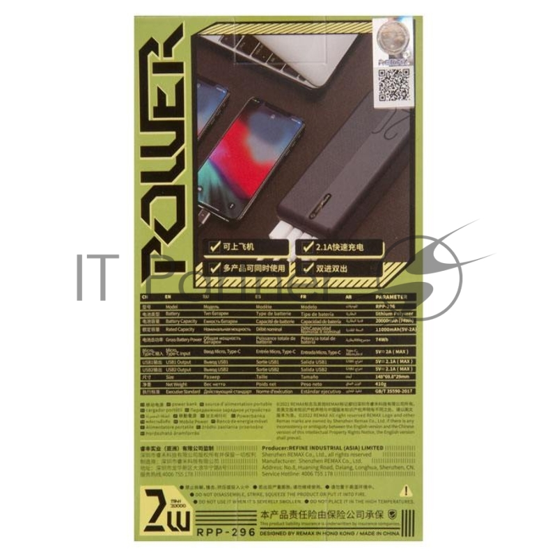 Внешний аккумулятор REMAX RPP-296 Landon Power Bank, 2.1A, (20000mAh), синий