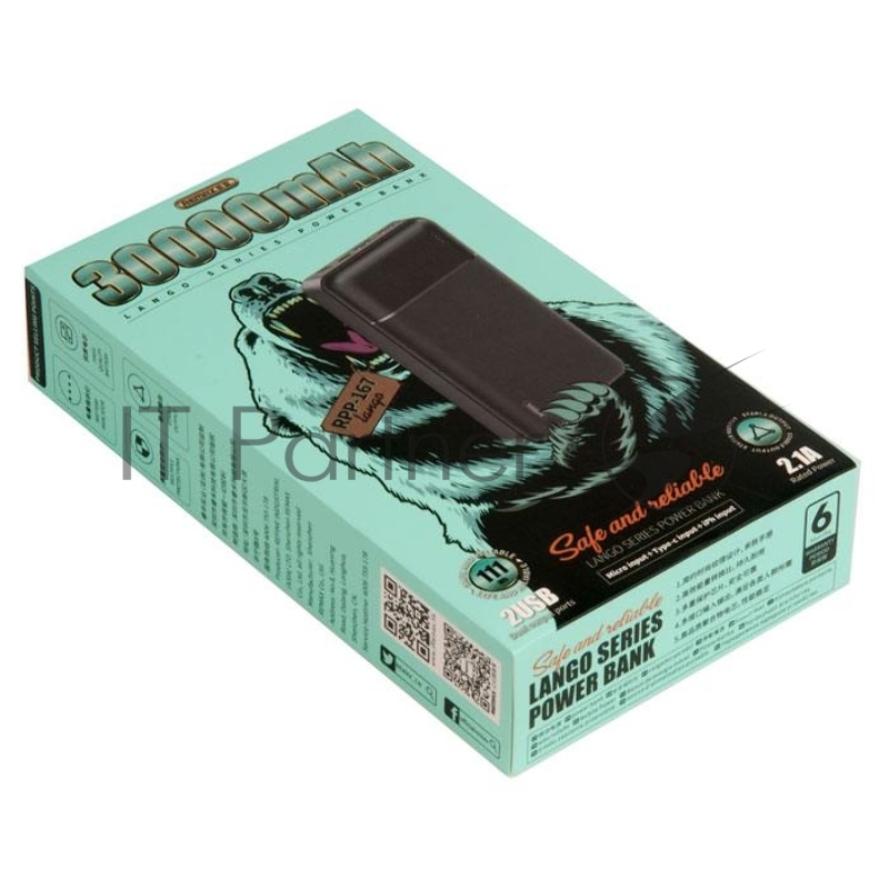 Внешний аккумулятор REMAX RPP-167 Lango Power Bank, 2.1A, (30000mAh), черный