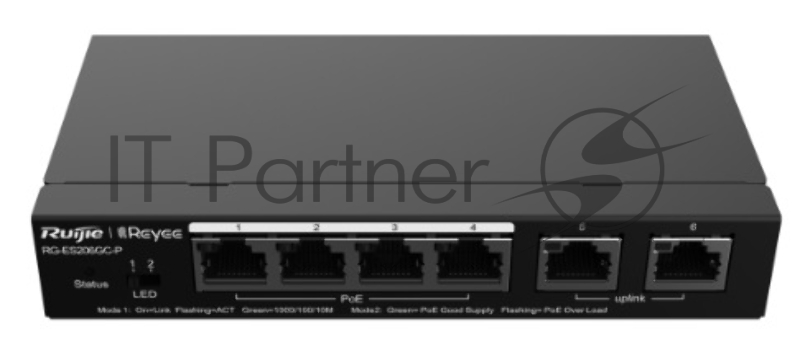 Коммутатор Reyee 6-Port Gigabit Smart POE Switch, 4 PoE/POE+ Ports with 2 Gigabit RJ45 uplink ports, 54W PoE power budget, Desktop Steel Case