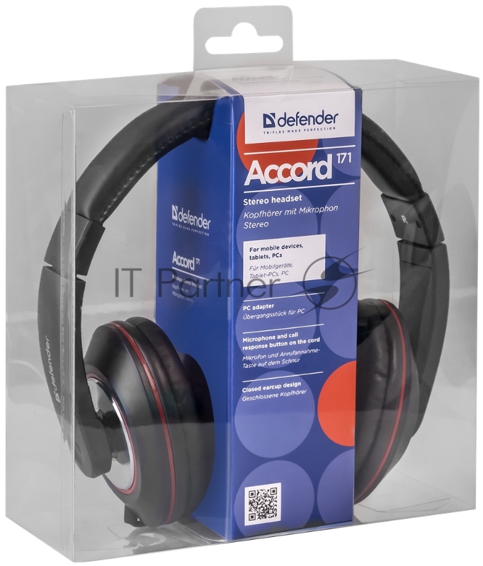 Наушники Defender Наушники с микрофоном Accord 171 черный, кабель 1,2 м 63171