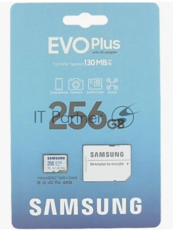 Флеш карта microSDXC 256GB Samsung Class 10, A2, V30, UHS-I (U3), R 130 МБ/с, <MB-MC256KA/APC> адаптер на SD