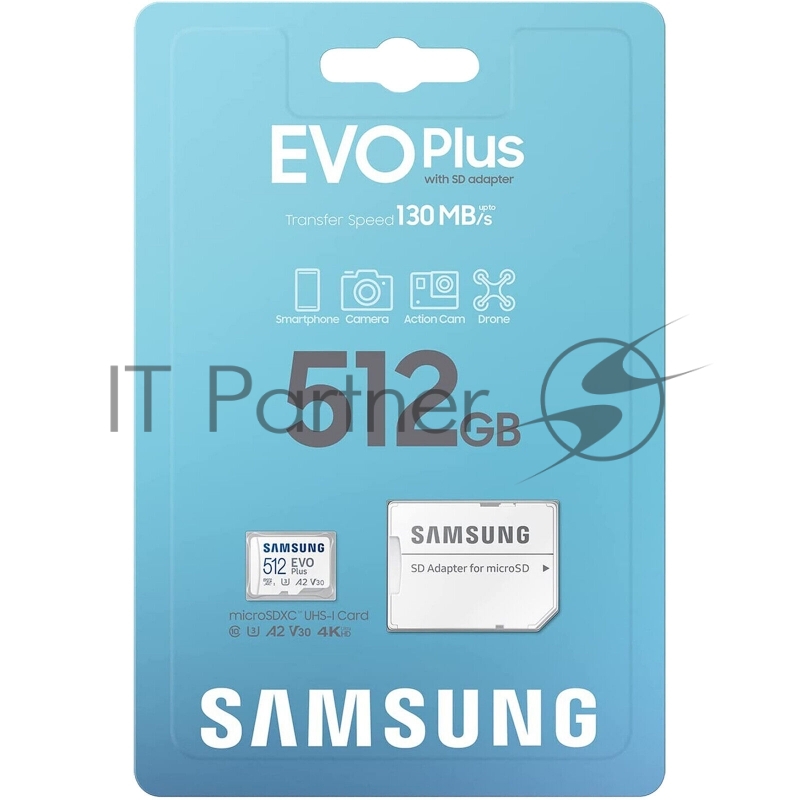 Флеш карта microSDXC 512GB Samsung Class 10, A2, V30, UHS-I (U3), R 130 МБ/с, <MB-MC512KA/APC> адаптер на SD