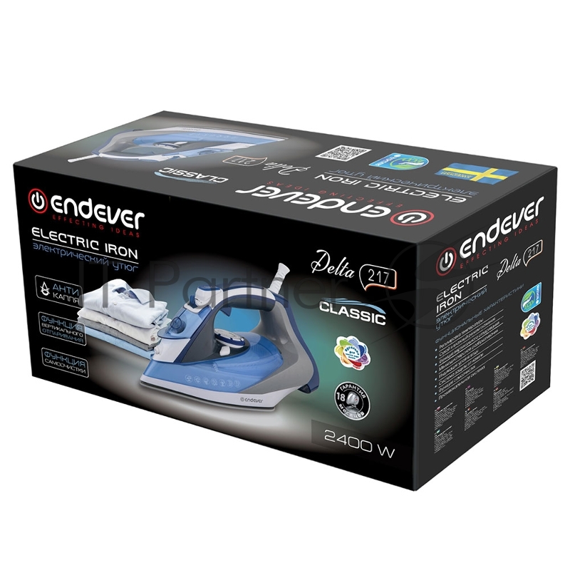 Утюг электрический Endever Delta-217, синий/белый, Мощность 2400 Вт, паровой удар 140 г/мин, бак 260 мл, 10 шт/уп.