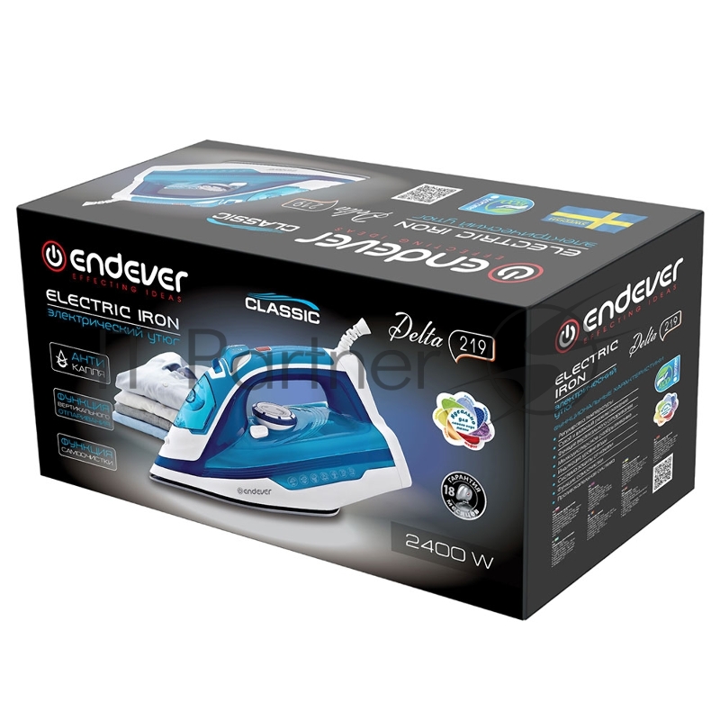 Утюг электрический Endever Delta-219, голубой/белый, Мощность 2400 Вт, паровой удар 140 г/мин, бак 300 мл, 10 шт/уп