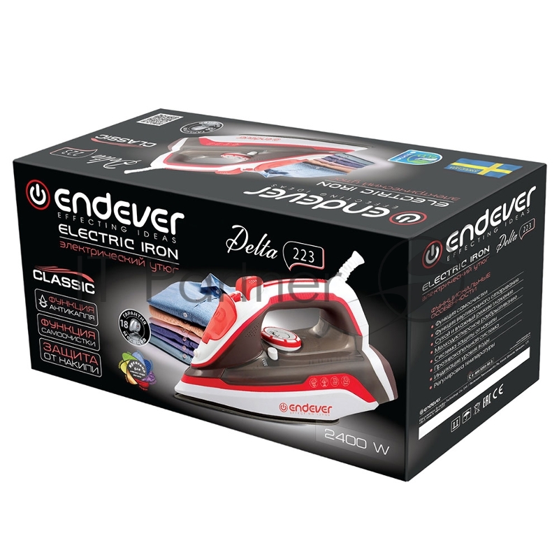 Утюг электрический Endever Delta-223, красный/белый, Мощность 2400 Вт, паровой удар 140 г/мин, бак 300 мл, 10 шт/уп