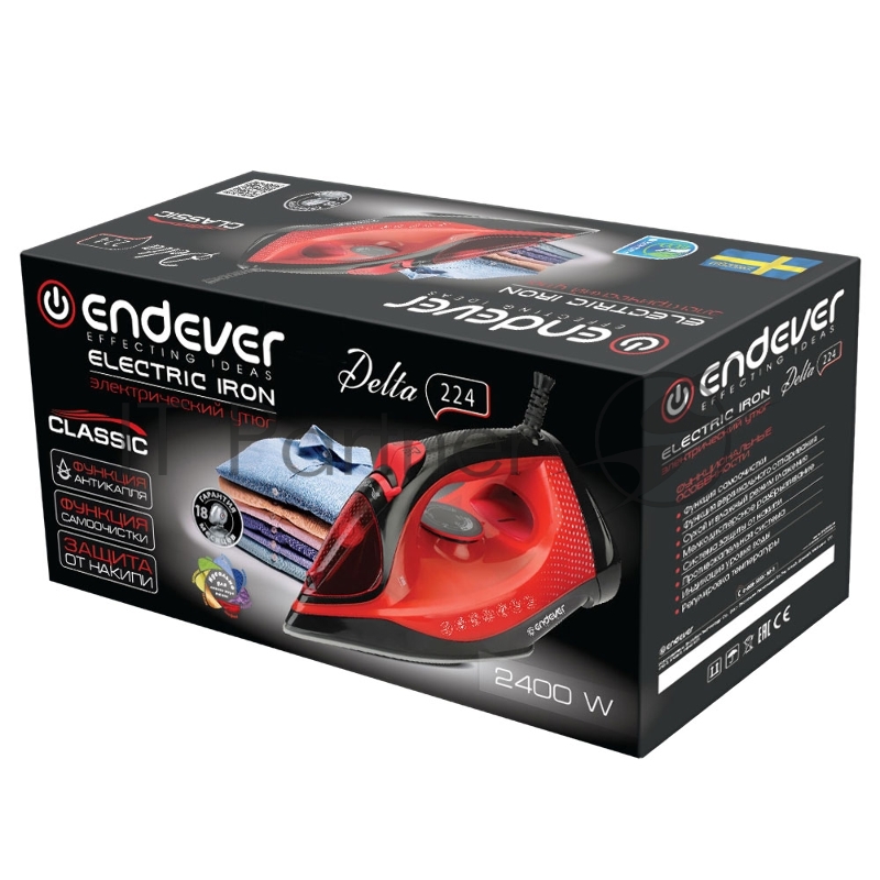 Утюг электрический Endever Delta-224, красный/черный, Мощность 2400 Вт, паровой удар 140 г/мин, бак 320 мл, 10 шт/уп