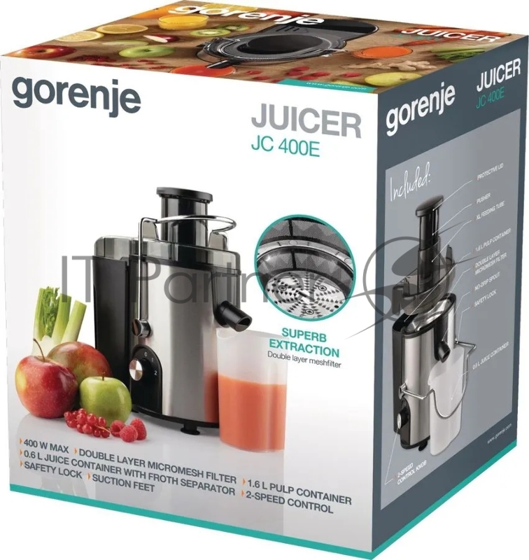Соковыжималка шнековая Gorenje JC400E 400Вт рез.сок.:1600мл. серебристый/черный