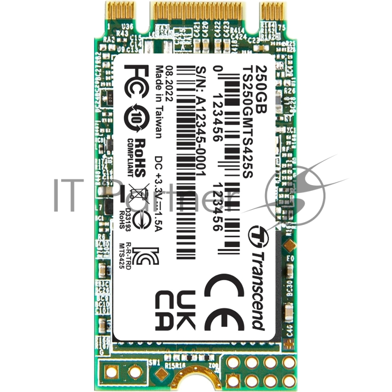 Накопитель SSD M.2 Transcend 250Gb MTS425 <TS250GMTS425S> (SATA3, up to 500/330MBs, 3D NAND, 90TBW, 22x42mm)