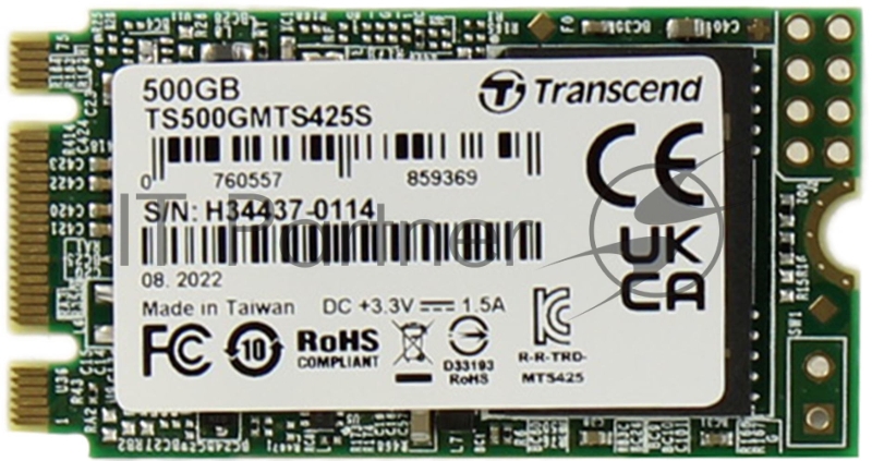 Накопитель SSD M.2 Transcend 500Gb MTS425 <TS500GMTS425S> (SATA3, up to 530/480MBs, 3D NAND, 180TBW, 22x42mm)