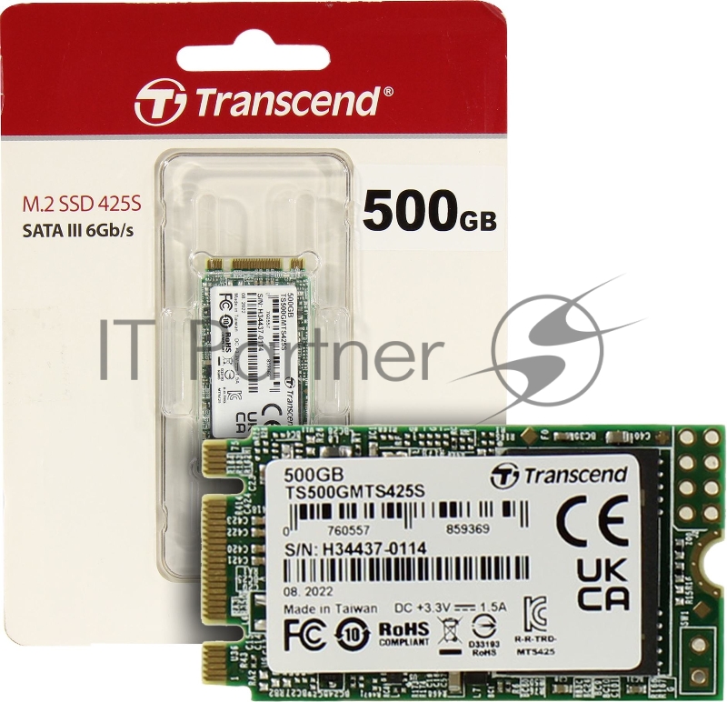 Накопитель SSD M.2 Transcend 500Gb MTS425 <TS500GMTS425S> (SATA3, up to 530/480MBs, 3D NAND, 180TBW, 22x42mm)