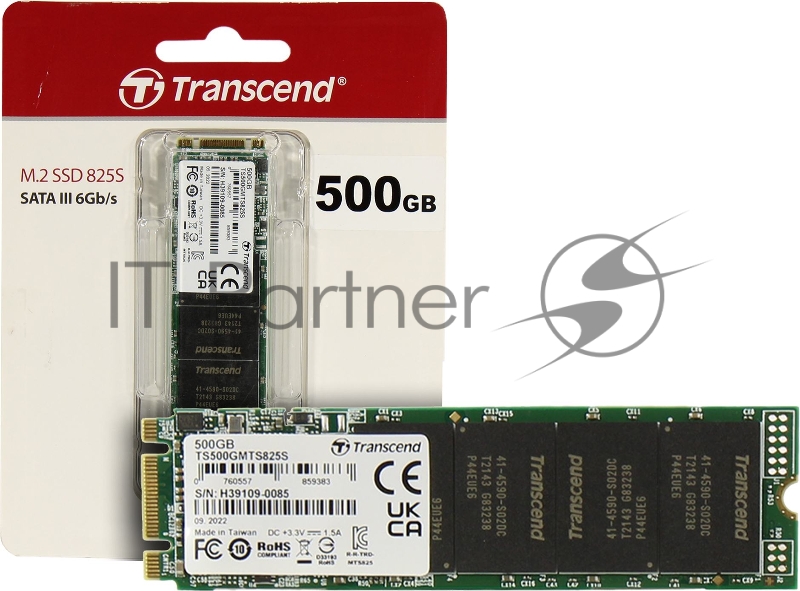 Накопитель SSD M.2 Transcend 500Gb MTS825 <TS500GMTS825S> (SATA3, up to 530/480MBs, 3D NAND, 180TBW, 22x80mm)