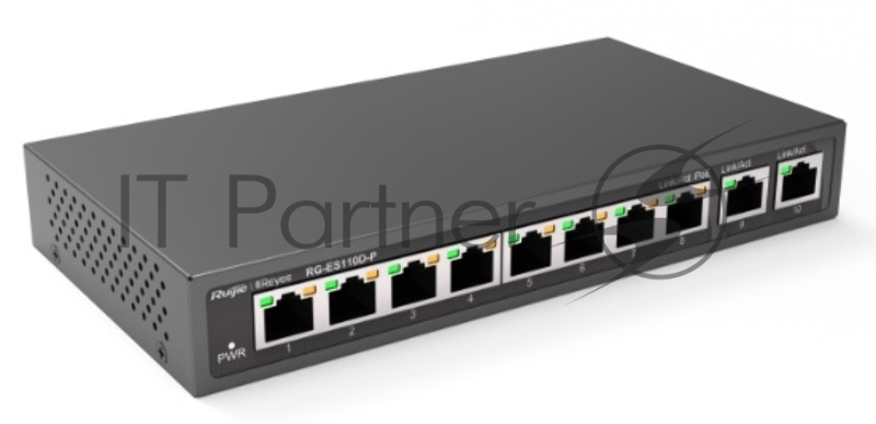 Коммутатор Reyee 8-Port 100Mbps + 2 Uplink Port 1000Mbps, 8 of the ports support PoE/PoE+ power supply. Max PoE power budget is 110W, unmanaged switch, desktop(Only US standard Adaptor is available)