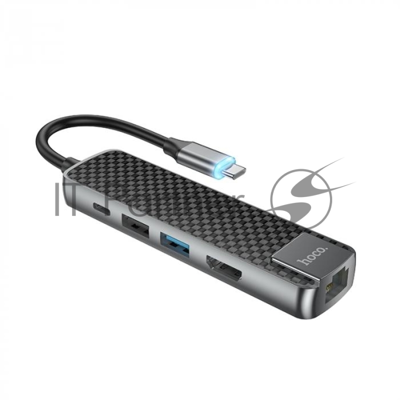 Переходник HOCO HB23 Easy view Type-C адаптер (HDMI+USB3.0+USB2.0+RJ45+PD), серый