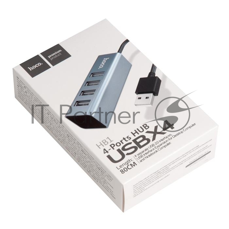 Переходник разветвитель Hoco HB1 USB - 4USB (USB 2.0 - 480 Мбит/с), 0.8 м, серый