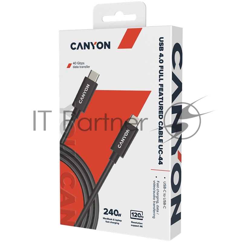 Кабель CANYON, U4-CC-5A1M-E, USB4 TYPE-C to TYPE-C cable assembly 40G 1m 5A 240W(ERP) with E-MARK, CE, ROHS, black