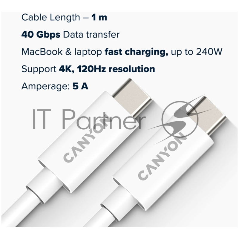 Кабель CANYON, U4-CC-5A1M-E, USB4 TYPE-C to TYPE-C cable assembly 40G 1m 5A 240W(ERP) with E-MARK, CE, ROHS, white