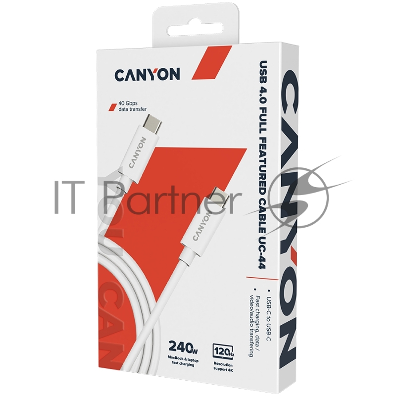 Кабель CANYON, U4-CC-5A1M-E, USB4 TYPE-C to TYPE-C cable assembly 40G 1m 5A 240W(ERP) with E-MARK, CE, ROHS, white