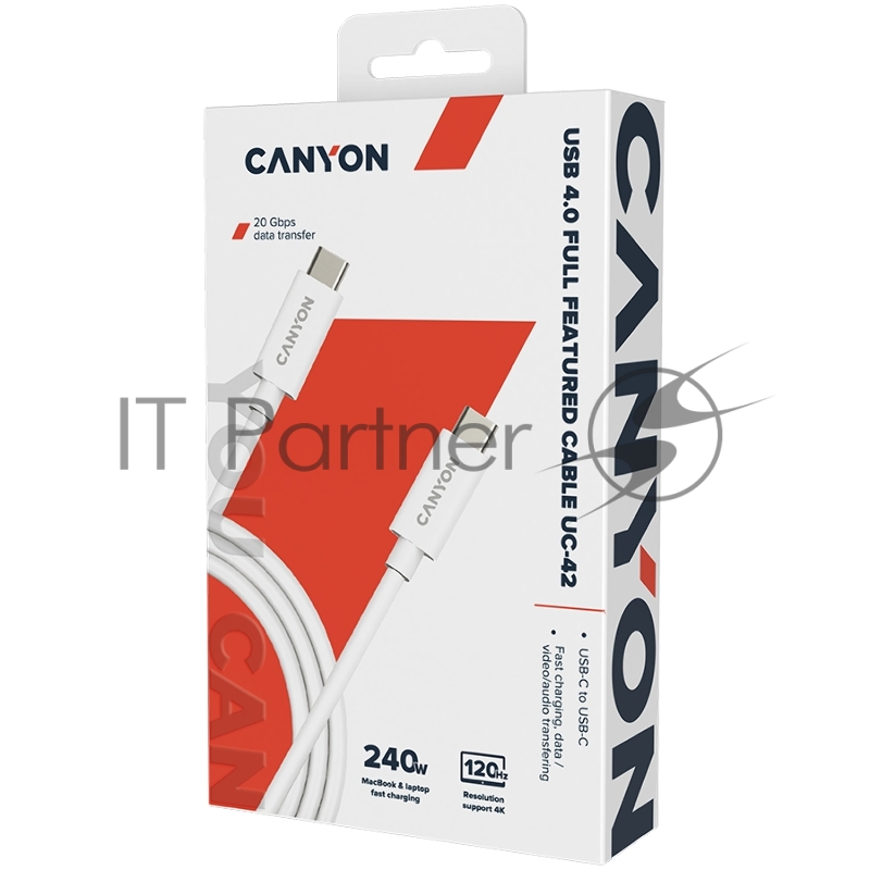 Кабель CANYON, U4-CC-5A2M-E, USB4 TYPE-C to TYPE-C cable assembly 20G 2m 5A 240W(ERP) with E-MARK, CE, ROHS, white