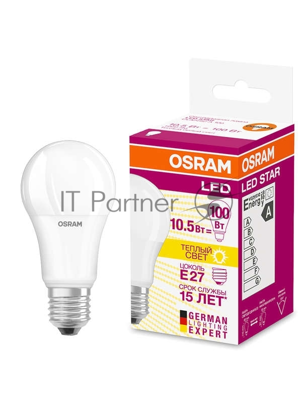 Лампа светодиодная LED STAR CLASSIC A 100 10W/827 10Вт грушевидная 2700К тепл. бел. E27 1060лм 220-240В матов. пласт. OSRAM 4052899971578
